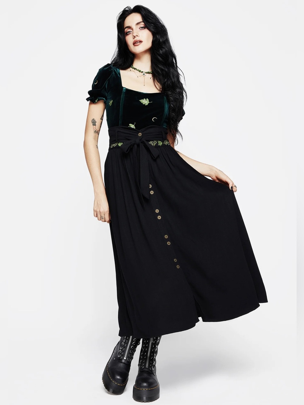 NWT Disturbia Swamplife Frog Embroidered Linen Blend High Waist Midaxi Skirt